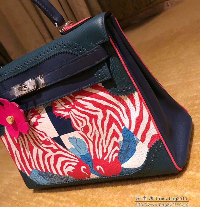 HERMES愛馬仕 凱莉包 kelly 32cm 拼接印花圖案 時尚手提包  Ama1406